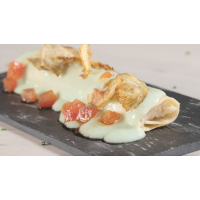 XXL Codfish Cannelloni with artichoke bechamel sauce, tomato and artichoke chips